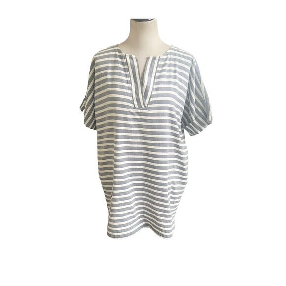 ATM Women’s Striped Tunic Nautical Cotton V- Neck Cream Blue Size Large - Picture 1 of 12